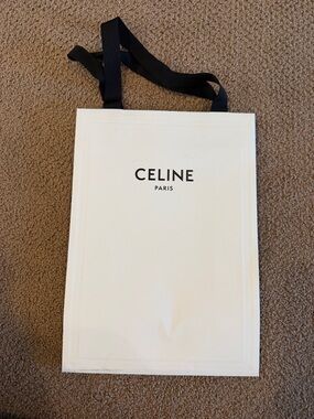 Celine White Logo Shopping Bag with Black Ribbon Handles